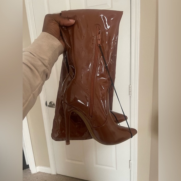 Chocolate Patent Leather Thigh High Boots - Picture 1 of 4